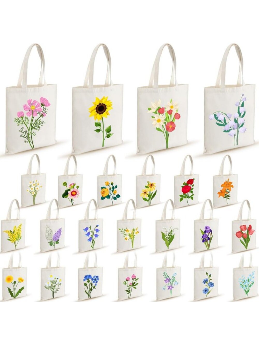 24 Pcs Floral Canvas Tote Bags Set - Vibrant Flower Prints for Shopping & Gifts